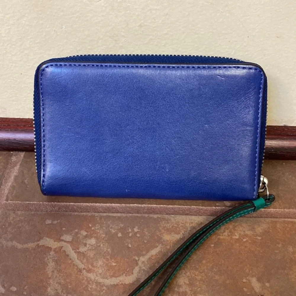 Coach Parker Tri-Color Leather Wristlet Wallet in Teal, White & Blue